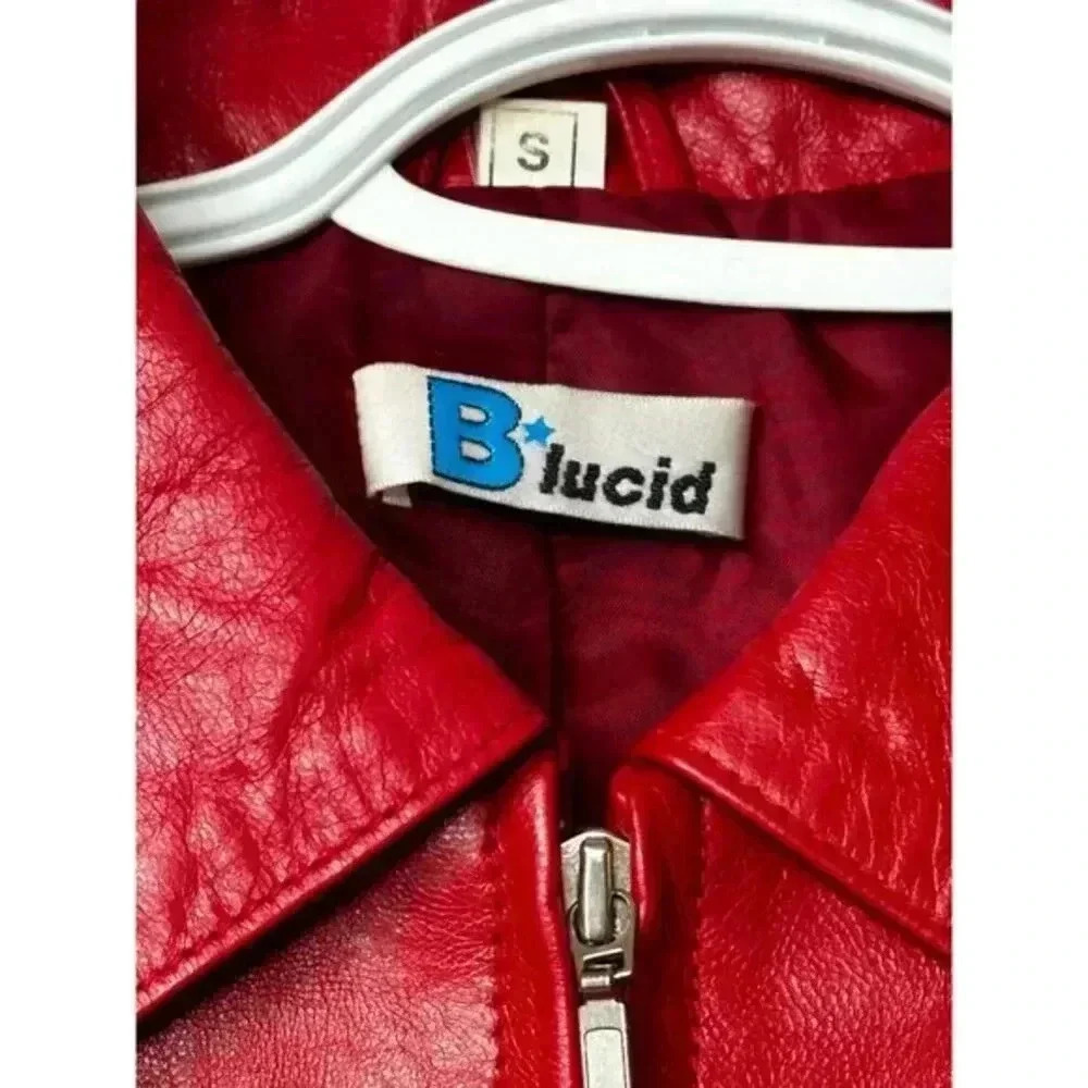 Y2K Genuine Leather Zip Jacket B*Lucid Cherry Red Fitted Moto Size Small - Picture 7 of 16